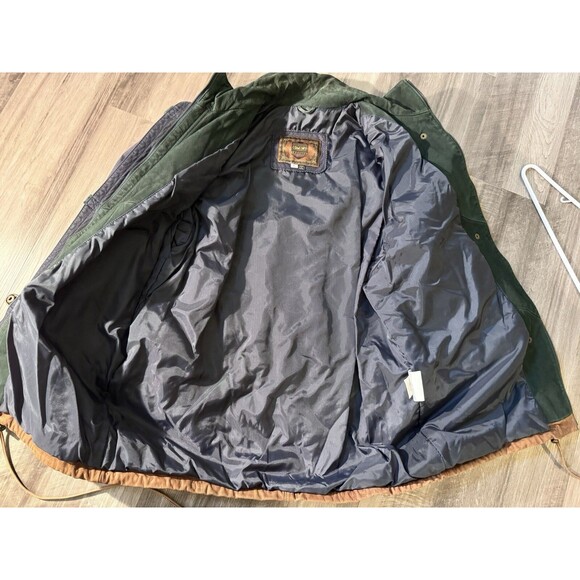 VTG Comint Brown Navy Blue Leather Coat Two Tone size L Color Block 80s hiking - Picture 12 of 14